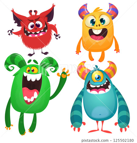 Funny cartoon monsters with different face expressions. Set of cartoon vector happy monsters characters. Halloween design for party decoration, package design Funny cartoon monsters with different face expressions. Set of cartoon vector happy monsters characters. Halloween design for party decoration, package design 125502180