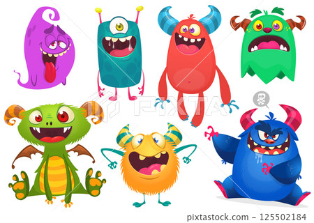 Funny cartoon monsters with different face expressions. Set of cartoon vector happy monsters characters. Halloween design for party decoration, package design Funny cartoon monsters with different face expressions. Set of cartoon vector happy monsters characters. Halloween design for party decoration, package design 125502184