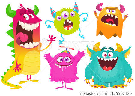 Funny cartoon monsters with different face expressions. Set of cartoon vector happy monsters characters. Halloween design for party decoration,  package design 125502189