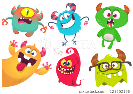 Funny cartoon monsters with different face expressions. Set of cartoon vector happy monsters characters. Halloween design for party decoration, package design Funny cartoon monsters with different face expressions. Set of cartoon vector happy monsters characters. Halloween design for party decoration, package design 125502196