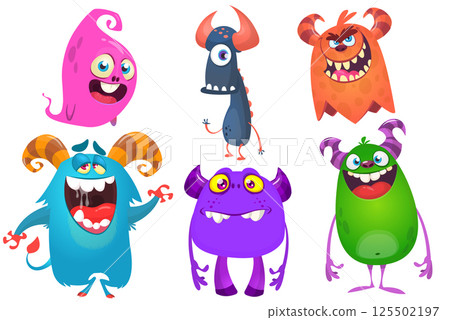 Funny cartoon monsters with different face expressions. Set of cartoon vector happy monsters characters. Halloween design for party decoration, package design Funny cartoon monsters with different face expressions. Set of cartoon vector happy monsters characters. Halloween design for party decoration, package design 125502197
