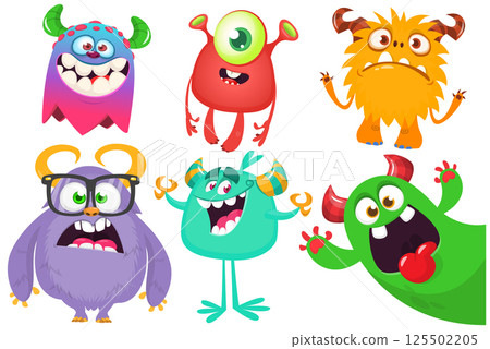 Cute cartoon Monsters. Set of cartoon monsters: goblin, ghost, troll, monster, yeti and alien . Halloween design. Vector illustration isolated 125502205