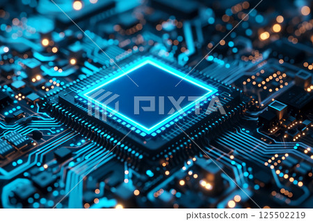 Close-up of modern CPU microchip on a circuit board illuminated by neon lights 125502219