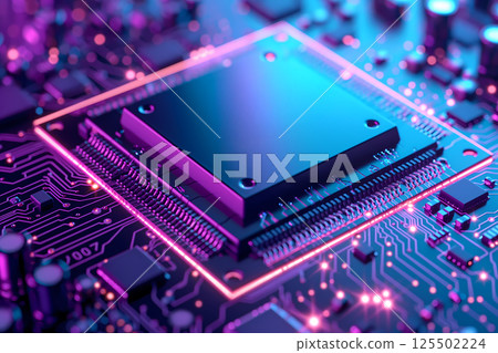 霓虹燈照明的電路板上現代 CPU 微晶片的特寫 霓虹燈照明的電路板上現代 CPU 微晶片的特寫 125502224