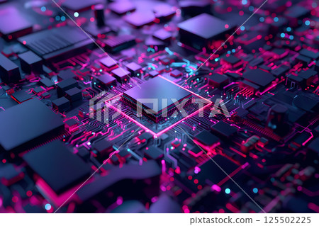 霓虹燈照明的電路板上現代 CPU 微晶片的特寫 125502225