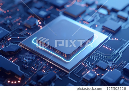 Close-up of modern CPU microchip on a circuit board illuminated by neon lights 125502226