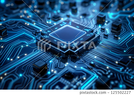 Close-up of modern CPU microchip on a circuit board illuminated by neon lights Close-up of modern CPU microchip on a circuit board illuminated by neon lights 125502227