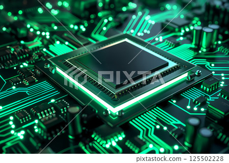 Close-up of modern CPU microchip on a circuit board illuminated by neon lights 125502228
