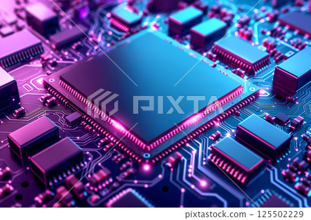 Close-up of modern CPU microchip on a circuit board illuminated by neon lights 125502229