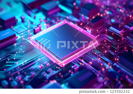 Close-up of modern CPU microchip on a circuit board illuminated by neon lights 125502232