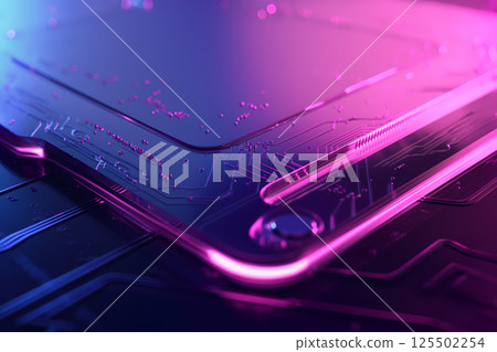 Close-up of modern CPU microchip on a circuit board illuminated by neon lights 125502254