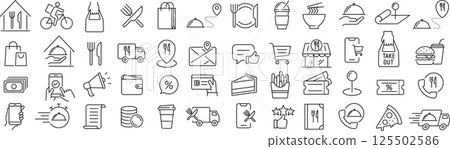 Vector monochrome food delivery line icon set Vector monochrome food delivery line icon set 125502586