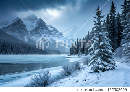 winter landscape with snowy fir trees winter landscape with snowy fir trees 125502639