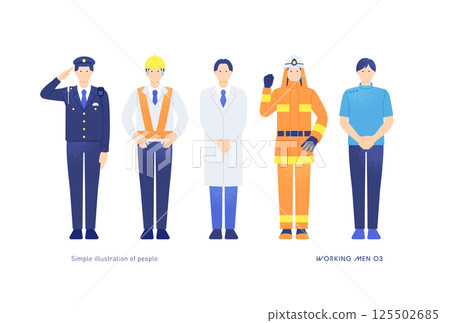 多種多樣的職業。建築業、醫療保健業和警察行業的男性工作者的插圖。時尚人物向量素材。 125502685