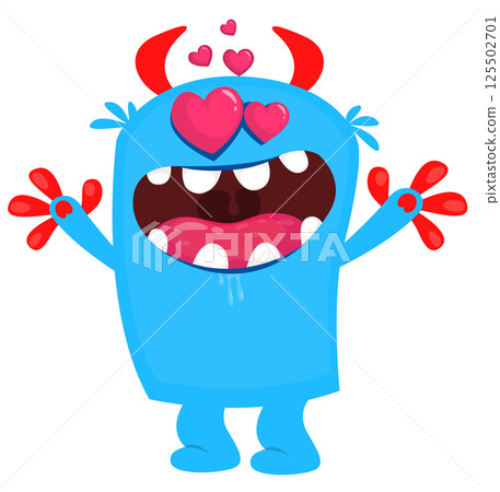 Cartoon cute monster in love with funny face expression waving hands. Vector illustration isolated on white. Halloween design Cartoon cute monster in love with funny face expression waving hands. Vector illustration isolated on white. Halloween design 125502701