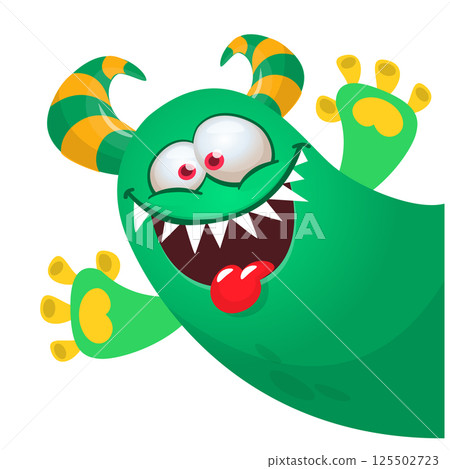 Cartoon scary monster with funny face expression waving hands . Vector illustration isolated on white. Halloween design 125502723