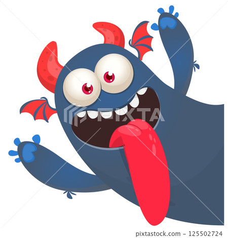 Cartoon happy monster with long tongue sticking out of the mouth.  Vector illustration isolated on white. For Halloween party or package design 125502724