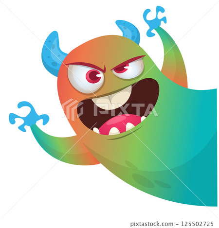 Cartoon funny monster with scary face expression waving hands . Vector illustration isolated on white. Halloween design or party decoration 125502725