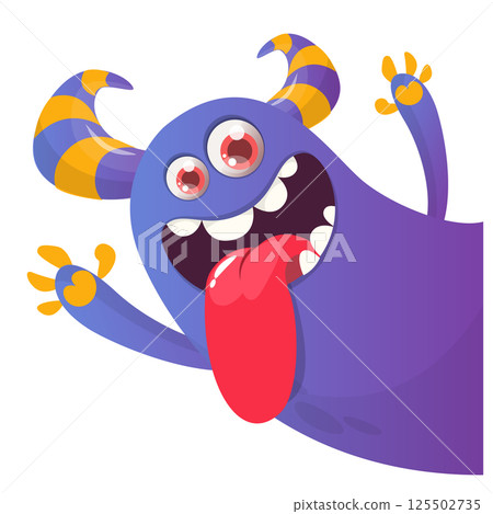 Cartoon happy monster with long tongue sticking out of the mouth. Vector illustration isolated on white. For Halloween party or package design Cartoon happy monster with long tongue sticking out of the mouth. Vector illustration isolated on white. For Halloween party or package design 125502735