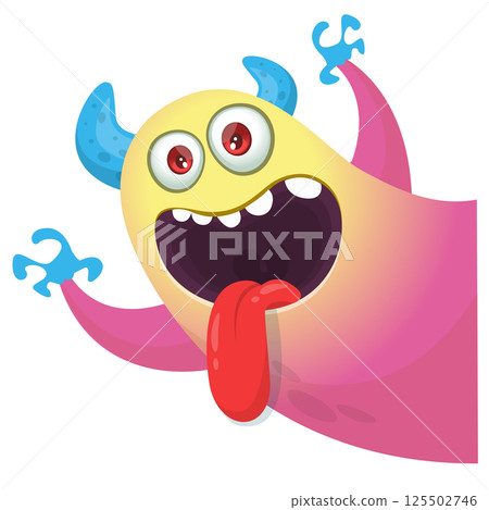 Cartoon happy monster with long tongue sticking out of the mouth. Vector illustration isolated on white. For Halloween party or package design Cartoon happy monster with long tongue sticking out of the mouth. Vector illustration isolated on white. For Halloween party or package design 125502746