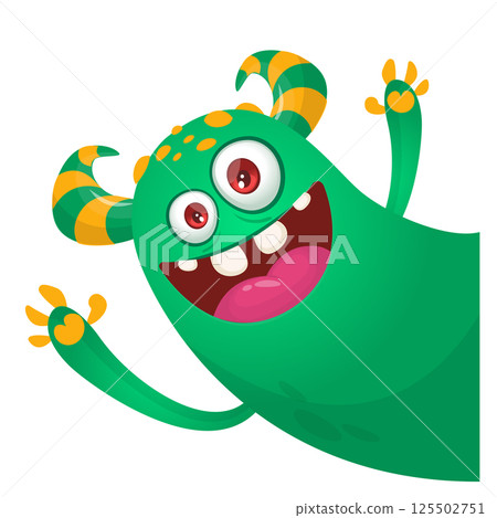 Cartoon cute monster with funny excited face expression waving hands . Vector illustration isolated on white. Halloween design Cartoon cute monster with funny excited face expression waving hands . Vector illustration isolated on white. Halloween design 125502751