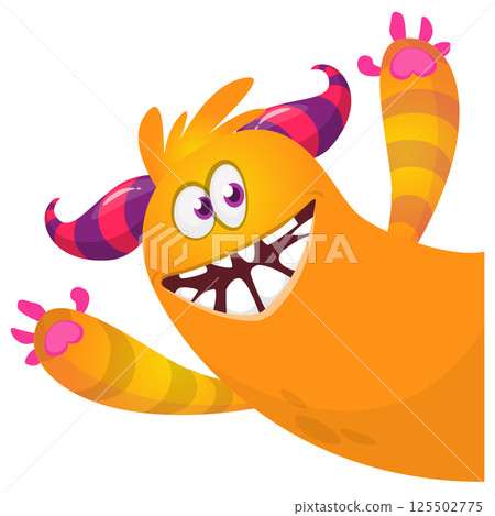 Cartoon cute monster with funny excited face expression waving hands . Vector illustration isolated on white. Halloween design Cartoon cute monster with funny excited face expression waving hands . Vector illustration isolated on white. Halloween design 125502775