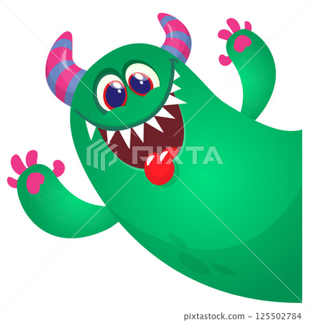Cartoon scary monster with funny face expression waving hands . Vector illustration isolated on white. Halloween design Cartoon scary monster with funny face expression waving hands . Vector illustration isolated on white. Halloween design 125502784