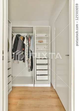 A sleek modern wardrobe showcases organized clothing and shelving, enhancing the functionality of interior spaces with minimalist aesthetics. 125503059