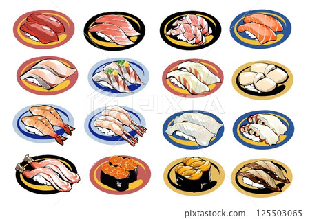 Conveyor belt sushi realistic illustration set with plates Conveyor belt sushi realistic illustration set with plates 125503065