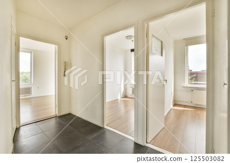 A spacious and bright modern interior hallway, featuring doors to separate rooms, wooden flooring, and elegantly simple design elements for a clean look. A spacious and bright modern interior hallway, featuring doors to separate rooms, wooden flooring, and elegantly simple design elements for a clean look. 125503082
