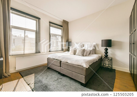 A spacious bedroom featuring large windows, soft lighting, and a neutral color palette. The stylish decor enhances the calming atmosphere. 125503205