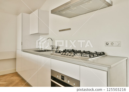 A sleek and contemporary kitchen showcasing minimalist cabinetry, stainless steel appliances, and a clean aesthetic. Perfect for modern living spaces. 125503216