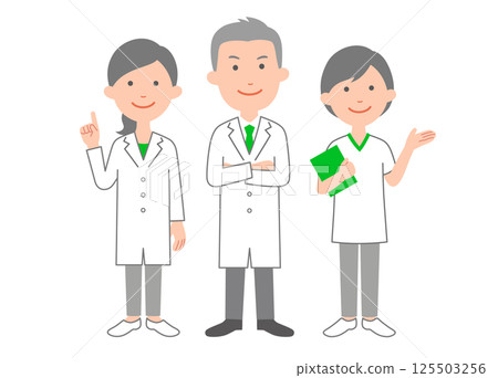 Male doctor, female doctor and physical therapist full body pose Male doctor, female doctor and physical therapist full body pose 125503256