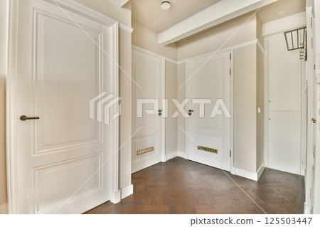 A spacious and stylish hallway featuring classic design elements, elegant doors, and a warm wooden floor, creating a welcoming atmosphere. A spacious and stylish hallway featuring classic design elements, elegant doors, and a warm wooden floor, creating a welcoming atmosphere. 125503447