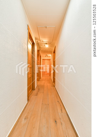 A well-lit and spacious hallway showcasing wooden doors and light-colored walls, leading to further interiors. The wooden floor adds warmth to the modern design. 125503528