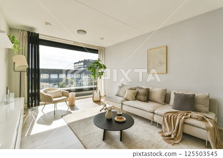 A stylish modern living room featuring a comfortable sofa, decorative elements, and large windows allowing natural light to flood the space, creating a cozy atmosphere. 125503545