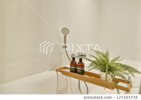 A sleek bathroom featuring a bathtub with a wooden tray displaying two bottles and a decorative plant, evoking relaxation and luxury vibes. A sleek bathroom featuring a bathtub with a wooden tray displaying two bottles and a decorative plant, evoking relaxation and luxury vibes. 125503738