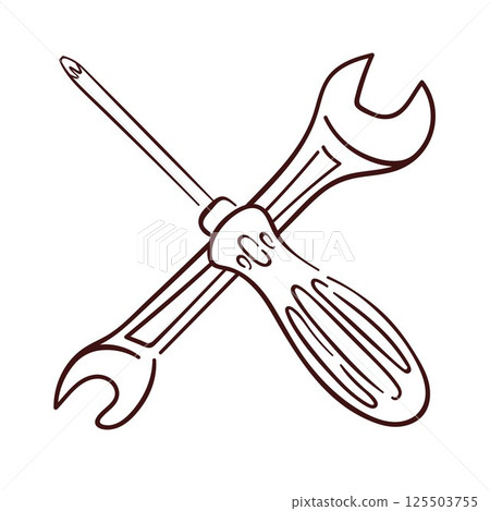 Line art style illustration of crossed screwdriver and wrench tool isolated on white background. Perfect for repair service, mechanic construction or maintenance concept. 125503755