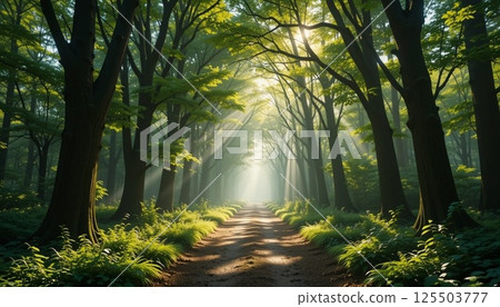 Sunlight Filtering Through Green Forest Trees on a Peaceful Path | 8k Nature Background. 125503777