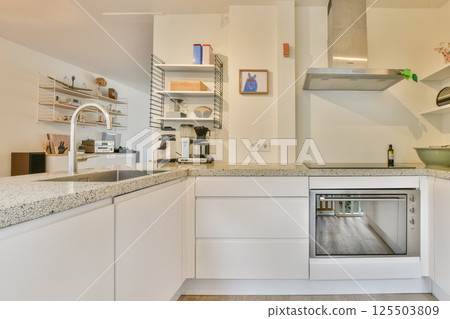 A contemporary kitchen featuring sleek cabinetry, a spacious counter, and high-end appliances, designed for functionality and style within modern living spaces. 125503809