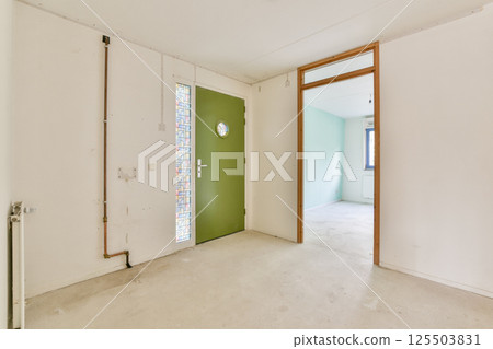 A contemporary interior space featuring a striking green door, minimalistic walls, and ample natural light. Perfect for showcasing interior design ideas. 125503831