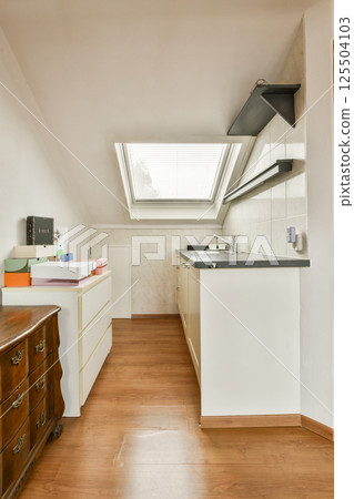 Stylish modern kitchen featuring sleek cabinets, organized storage, and natural light streaming through a skylight, enhancing the spacious feel. Stylish modern kitchen featuring sleek cabinets, organized storage, and natural light streaming through a skylight, enhancing the spacious feel. 125504103