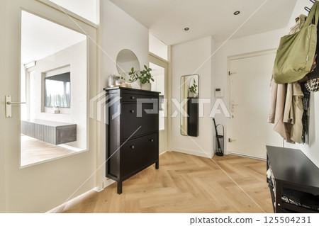 A stylish modern hallway featuring a minimalist design with a black cabinet, mirror, and green plants, creating a welcoming atmosphere and enhanced aesthetics. 125504231