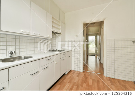 Sleek white cabinetry and minimalist design characterize this modern kitchen space, highlighted by natural light streaming in through the doorway. Sleek white cabinetry and minimalist design characterize this modern kitchen space, highlighted by natural light streaming in through the doorway. 125504316