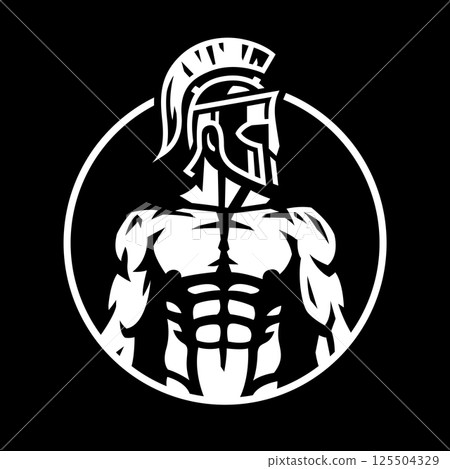 Spartan warrior in a helmet on a dark background. 125504329