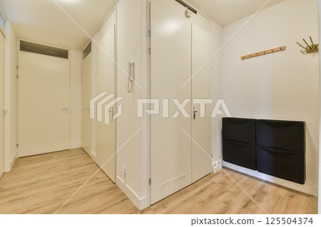 A sleek hallway featuring contemporary design elements, neutral tones, and minimalist decor. The space showcases clean lines and functional furniture. 125504374