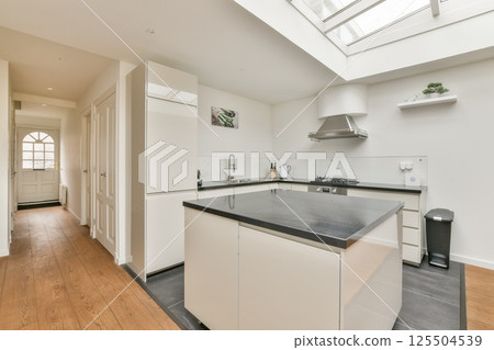 A sleek, modern kitchen showcasing minimalist design, featuring white cabinetry, a central island, and large windows for ample natural light. A sleek, modern kitchen showcasing minimalist design, featuring white cabinetry, a central island, and large windows for ample natural light. 125504539
