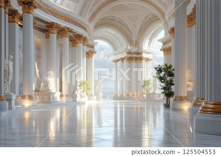 A majestic temple-like classical architectural space decorated in white and gold. Ideal for hotel and luxury brand advertising. A majestic temple-like classical architectural space decorated in white and gold. Ideal for hotel and luxury brand advertising. 125504553