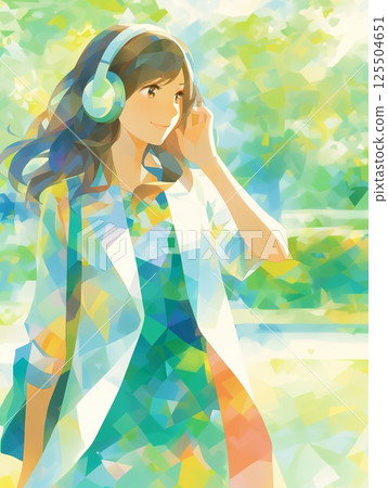 Woman listening to music in spring park 125504651