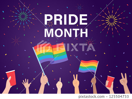 pride month theme background colorful confetti and firework hands raised in the air holding a rainbow flag and beverage cup vector template social media banner pride month theme background colorful confetti and firework hands raised in the air holding a rainbow flag and beverage cup vector template social media banner 125504733